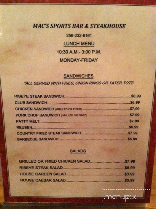 Mac's Sports Bar & Steakhouse - Athens, AL menu_pic