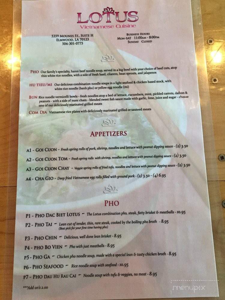 Lotus Vietnamese Cuisine - Elmwood, LA menu_pic