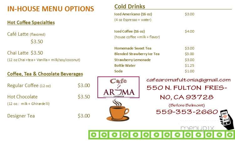 Cafe Aroma Coffee House - Fresno, CA menu_pic