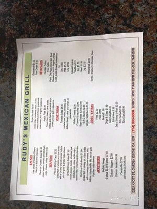 Rudy's Mexican Grill - Garden Grove, CA menu_pic