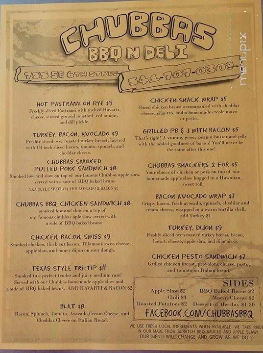 Chubbas BBQ and Deli - Grants Pass, OR menu_pic