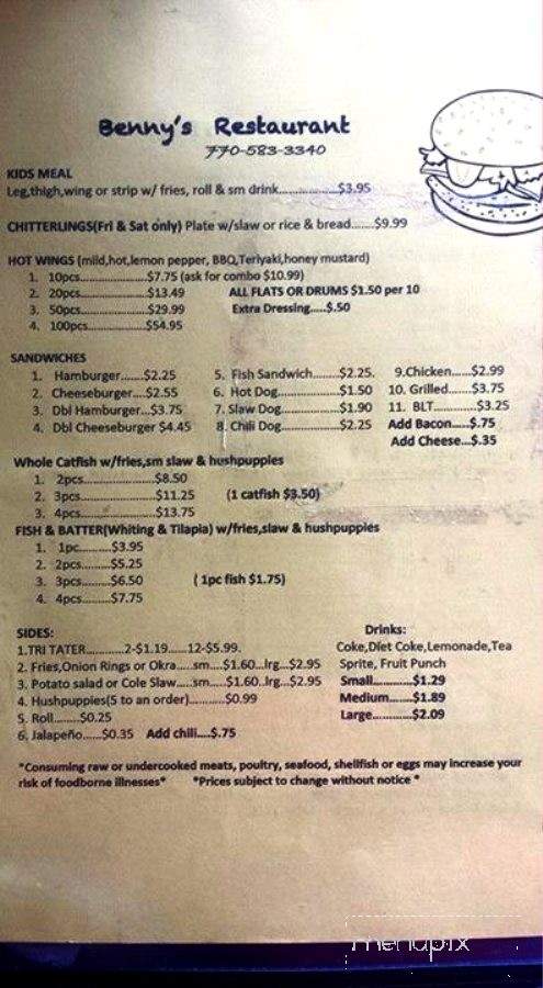 Benny's Restaurant - Grantville, GA menu_pic