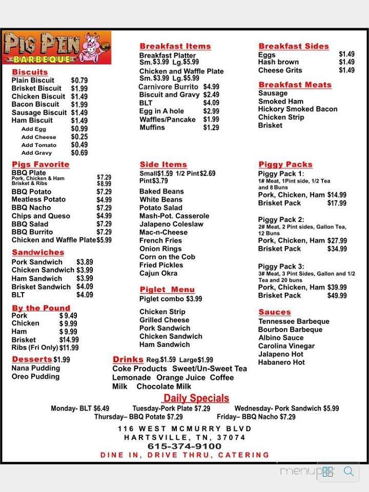 Pig Pen Barbeque - Hartsville, TN menu_pic