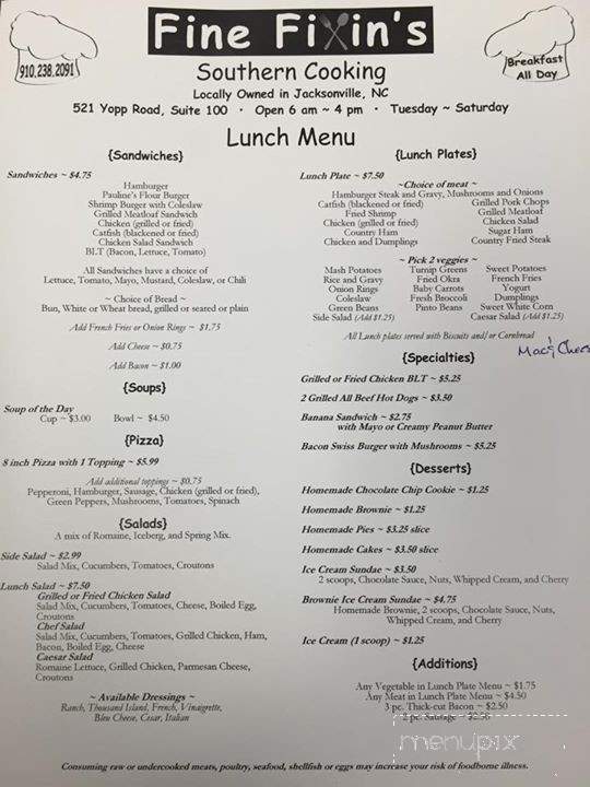 Fine Fixin's - Jacksonville, NC menu_pic