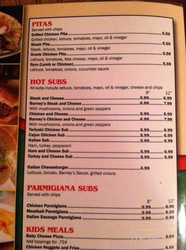Barney's Pizzaria & Grill - Kinston, NC menu_pic