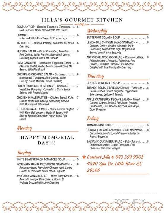 Jillas Gourmet Kitchen - Little River, SC menu_pic