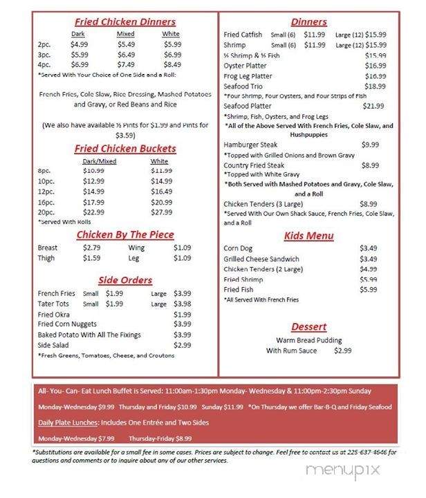 Bayou Shack Cafe - Livonia, LA menu_pic