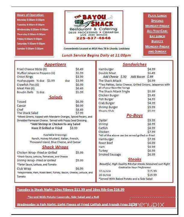 Bayou Shack Cafe - Livonia, LA menu_pic