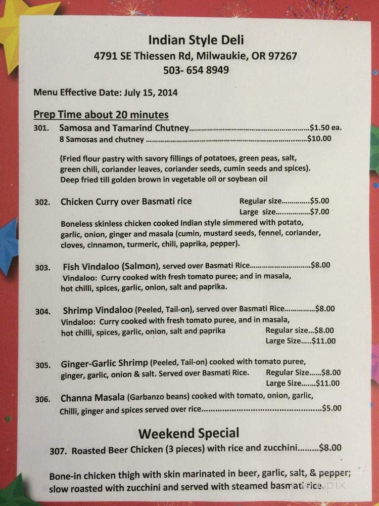Indian Style Deli - Milwaukie, OR menu_pic