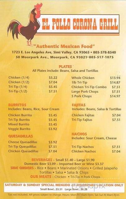 El Pollo Corona Grill - Moorpark, CA menu_pic