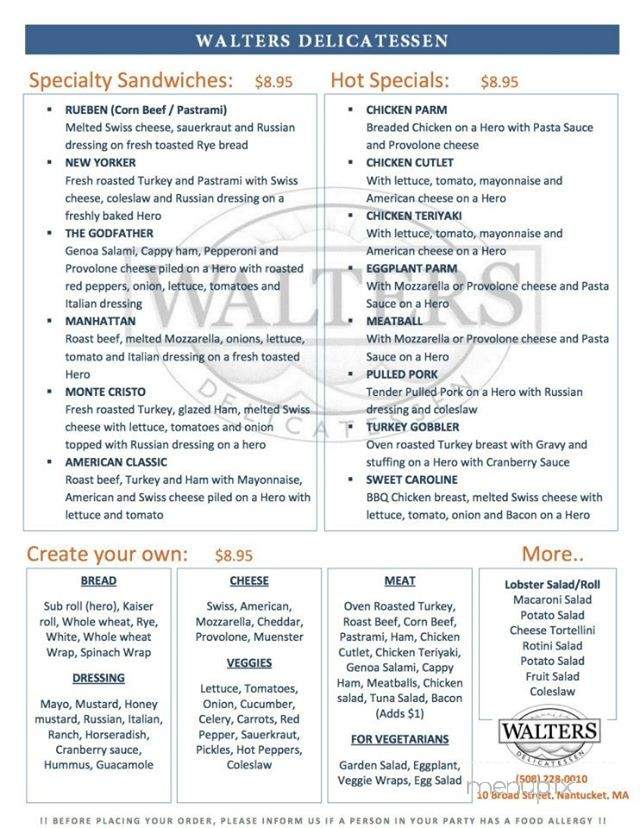 Walter's Deli - Nantucket, MA menu_pic