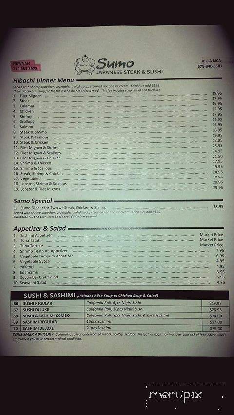 Sumo Japanese Steak & Sushi - Newnan, GA menu_pic