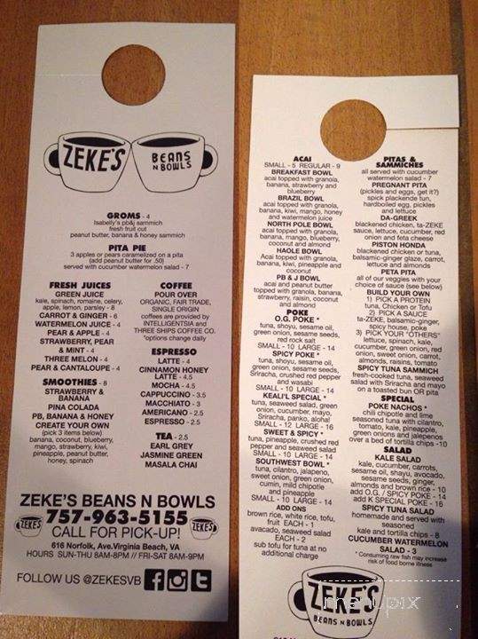 Zeke's Beans & Bowls - Norfolk, VA menu_pic