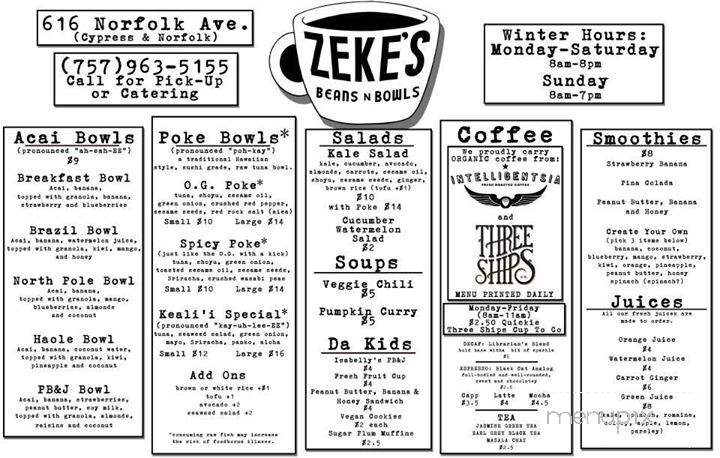 Zeke's Beans & Bowls - Norfolk, VA menu_pic
