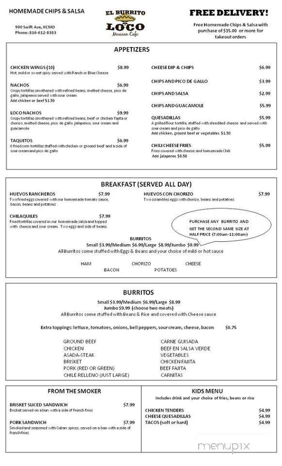 El Burrito Loco Mexican Cafe - North Kansas City, MO menu_pic