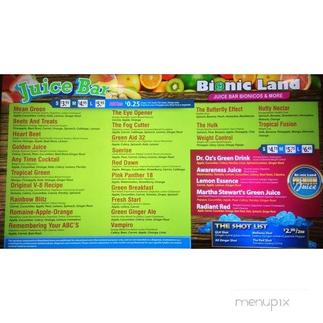Bionic Land - Norwalk, CA menu_pic