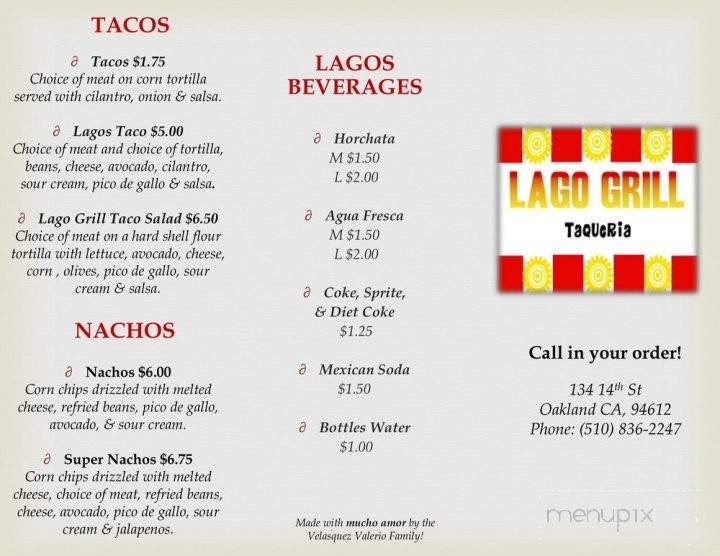 Lago Grill Taqueria - Oakland, CA menu_pic