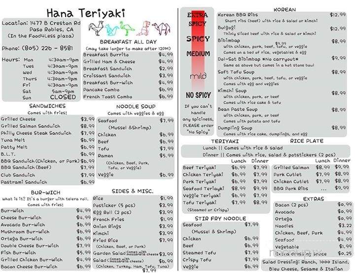 Hana Teriyaki - Paso Robles, CA menu_pic