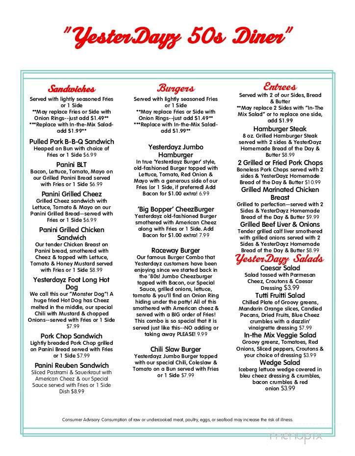 Yesterdayz 50's Diner - Pensacola, FL menu_pic