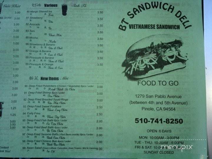 /380342907/Bt-Sandwich-Deli-Menu-Pinole-CA - Pinole, CA