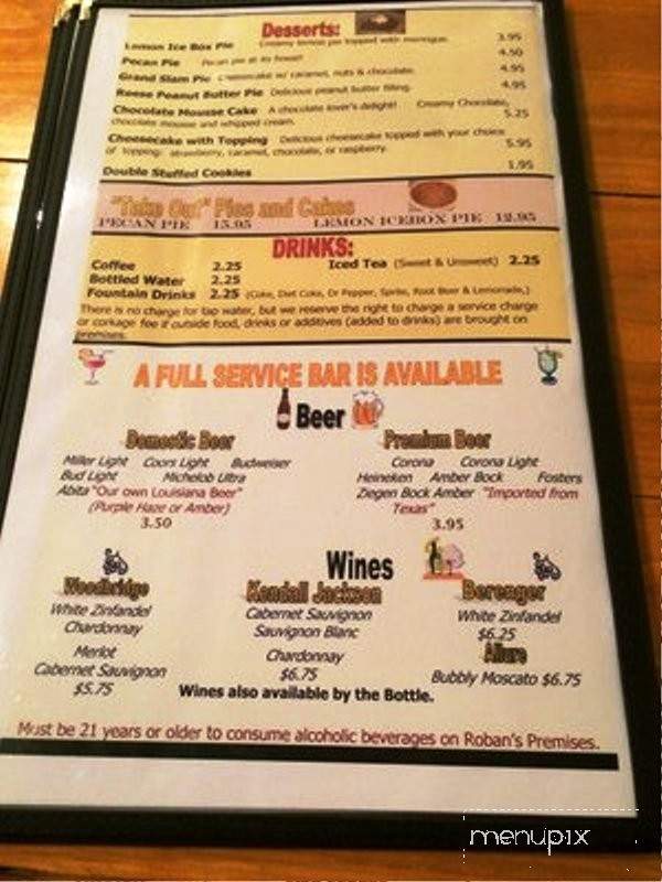 Robans Steak and Seafood Restaurant - Saint Francisville, LA menu_pic