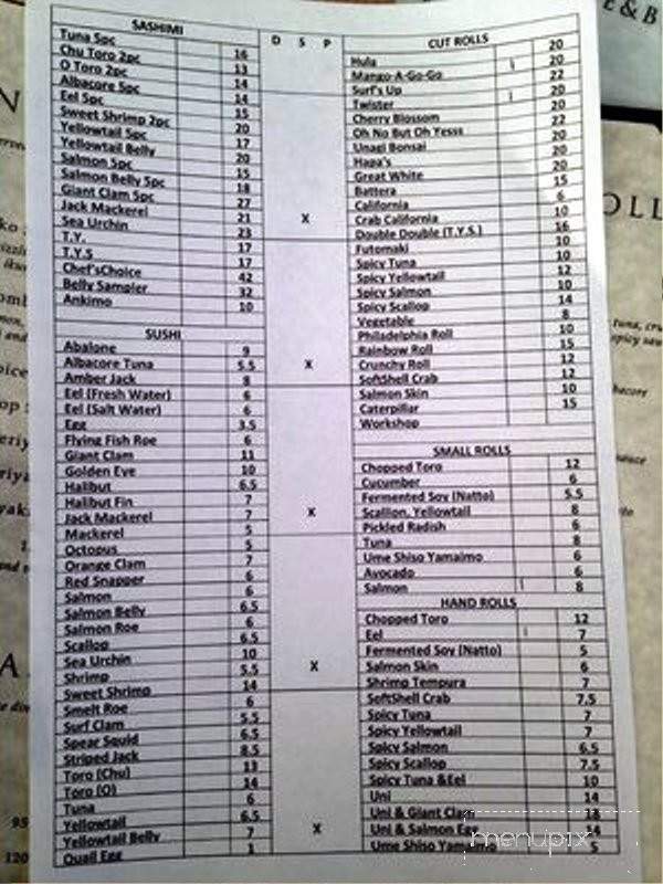 Menu of Ken Sushi Workshop in San Diego CA 92130
