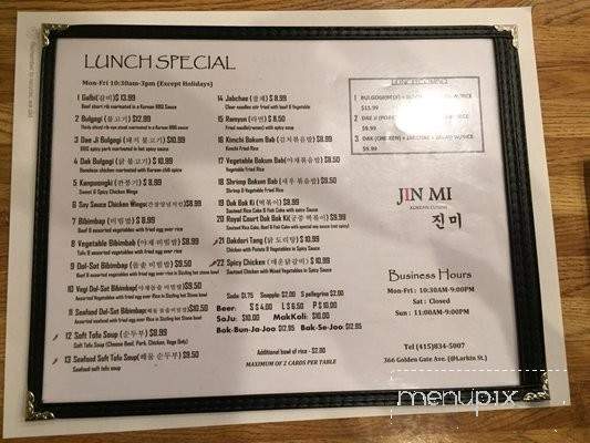 Jin Mi Korean Cuisine - San Francisco, CA menu_pic
