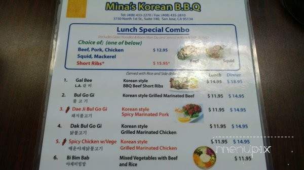 Mina's Korean B B Q - San Jose, CA menu_pic
