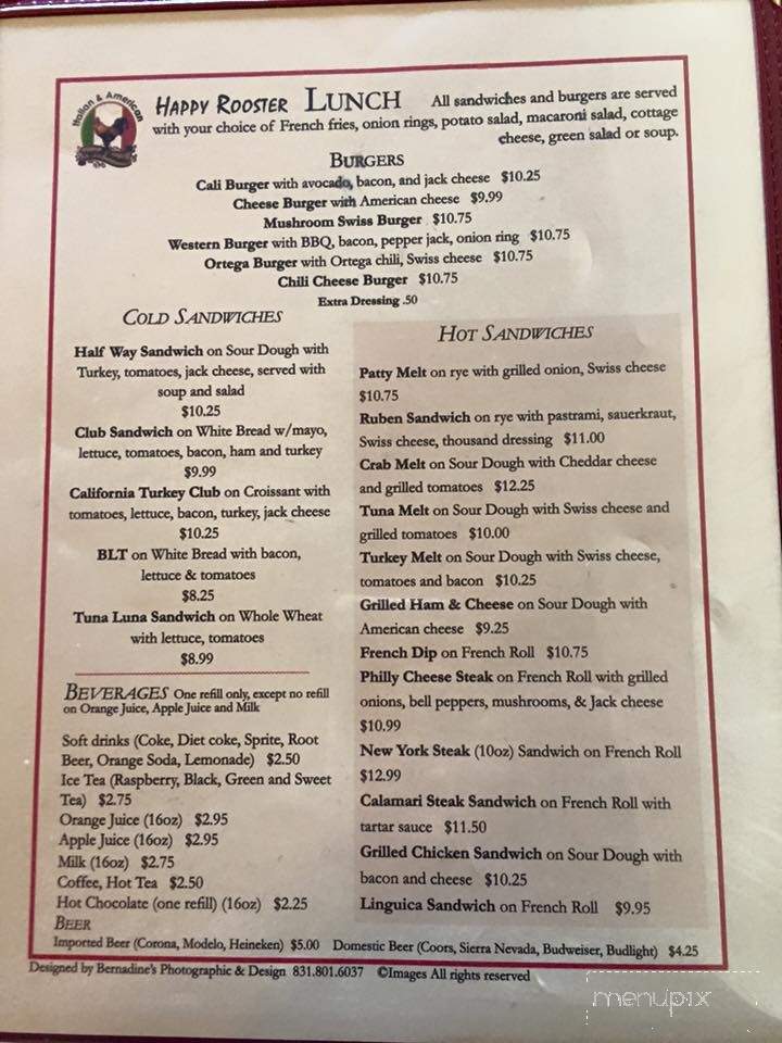 Happy Rooster - San Juan Bautista, CA menu_pic