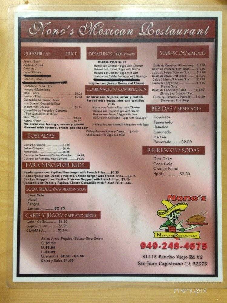 Nono's Mexican Restaurant - San Juan Capistrano, CA menu_pic