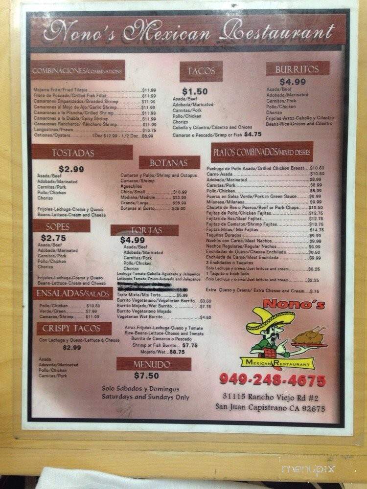 Nono's Mexican Restaurant - San Juan Capistrano, CA menu_pic