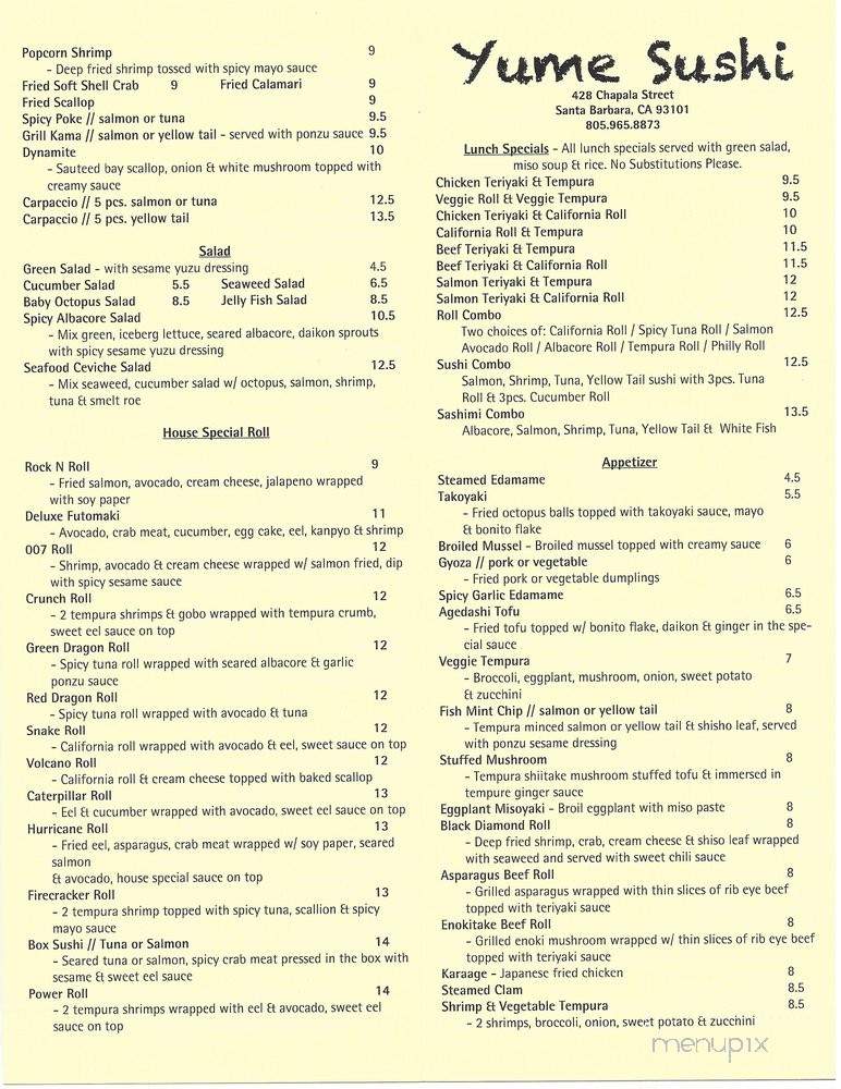Yume Sushi Japanese Restaurant - Santa Barbara, CA menu_pic