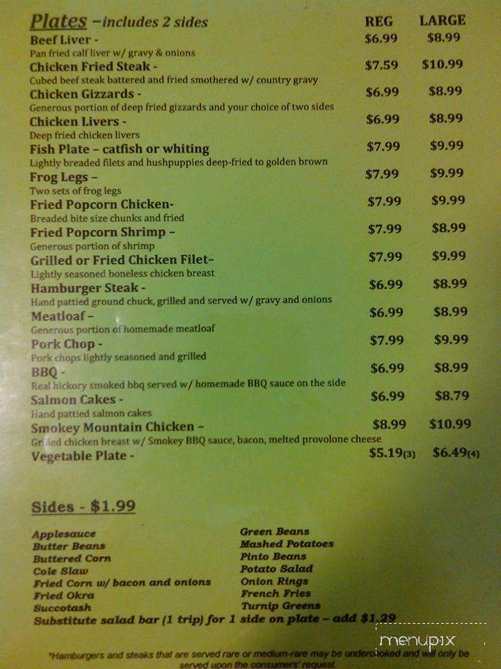 Spainhour's Diner - Scottsburg, VA menu_pic