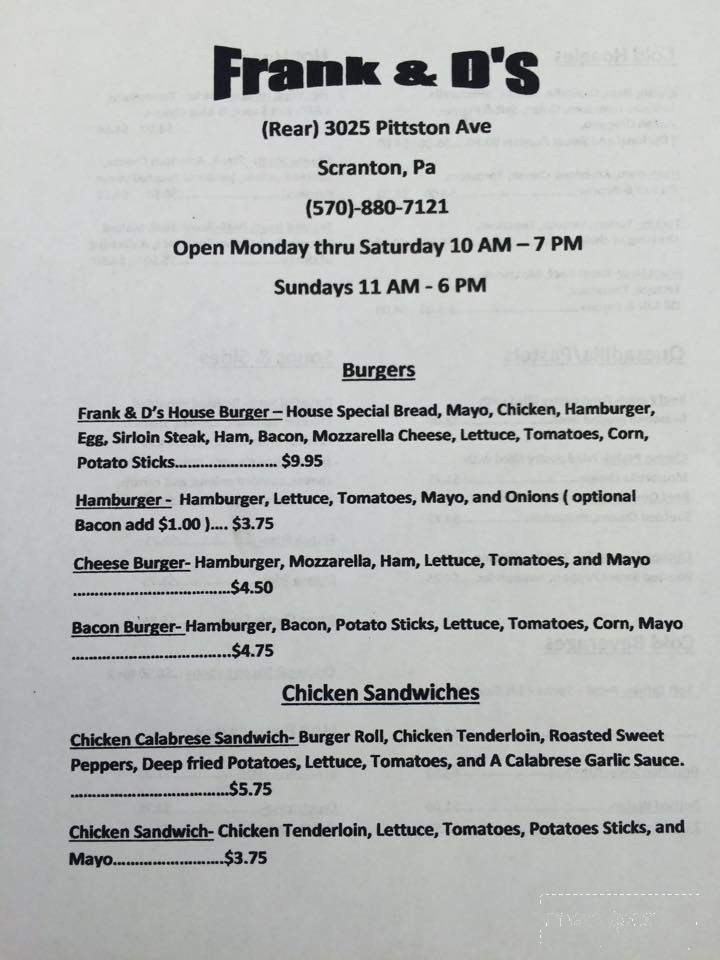 Frank & D's - Scranton, PA menu_pic