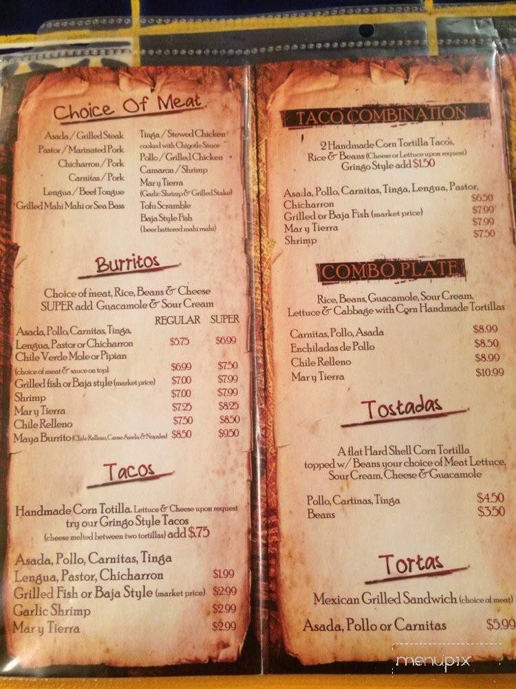 Online Menu of Maya s Mexican Grill South Lake Tahoe CA