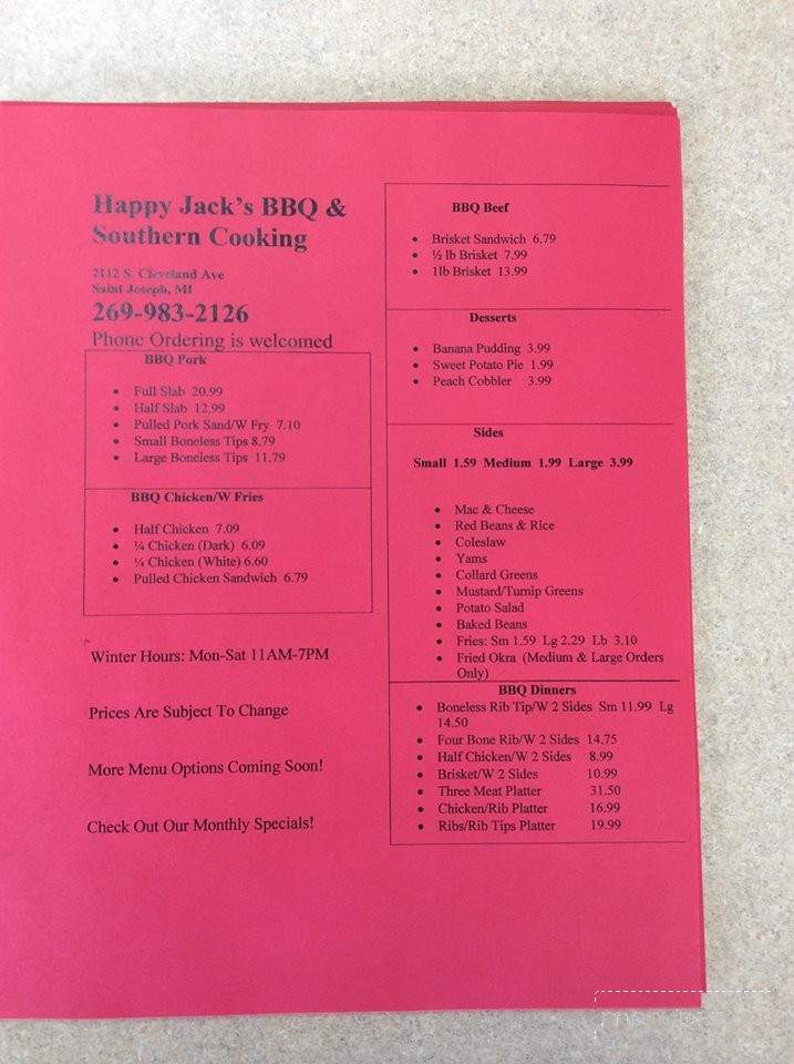 Happy Jacks Barbeque & Southern Cooking - St Joseph, MI menu_pic