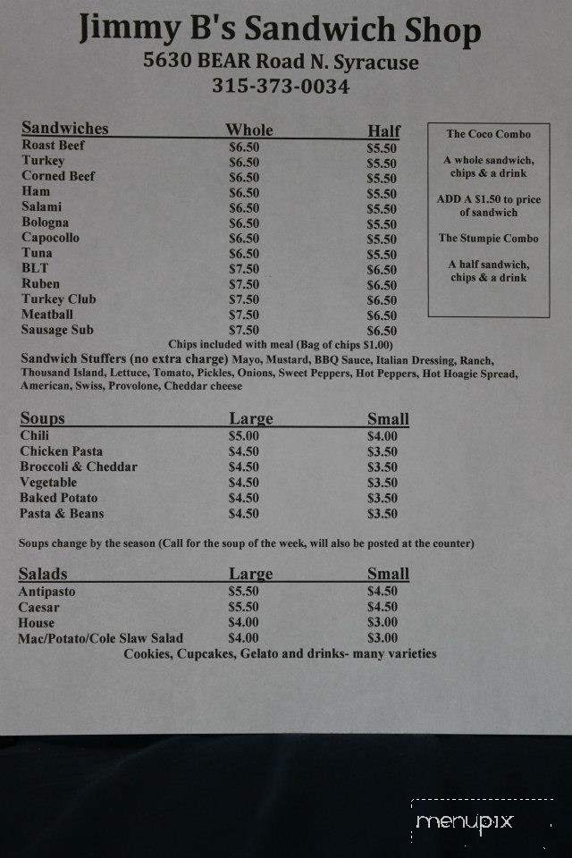 Jimmy B's Sandwhich Shop - Syracuse, NY menu_pic