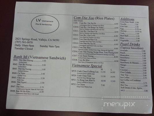 Lv Vietnamese Pho and Sandwiches - Vallejo, CA menu_pic