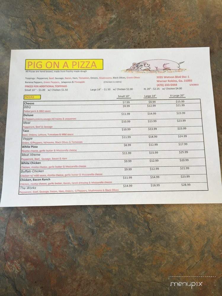 Pig on a Pizza - Warner Robins, GA menu_pic