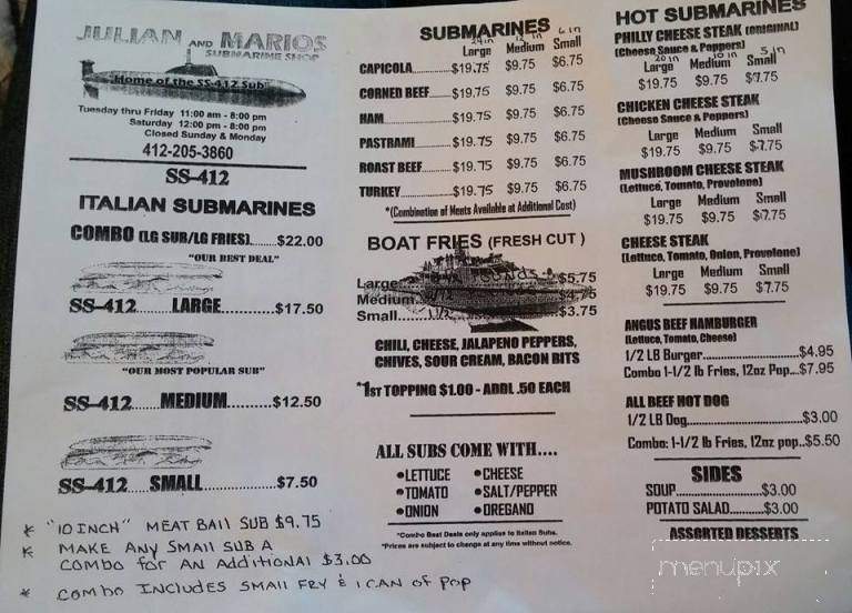 Julian and Marios Submarine Shop - West Mifflin, PA menu_pic