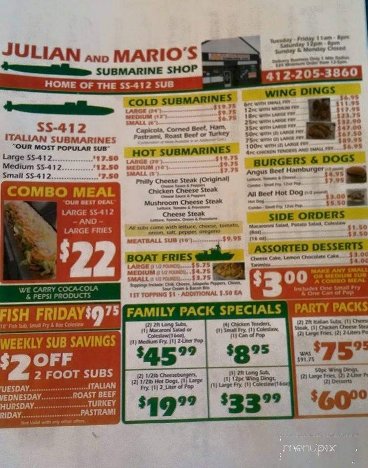 Julian and Marios Submarine Shop - West Mifflin, PA menu_pic