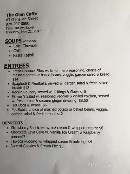 Glen Caffe - Winchendon, MA menu_pic