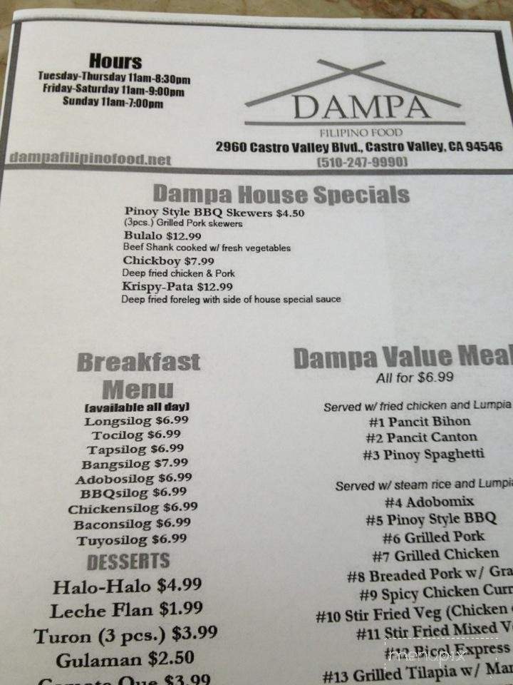 Dampa Filipino Food - Castro Valley, CA menu_pic