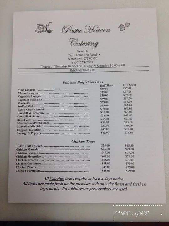 Pasta Heaven - Watertown, CT menu_pic
