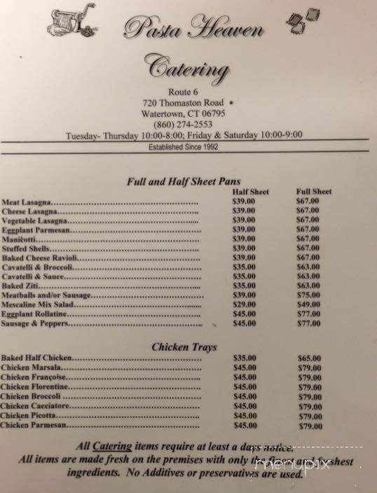 Pasta Heaven - Watertown, CT menu_pic