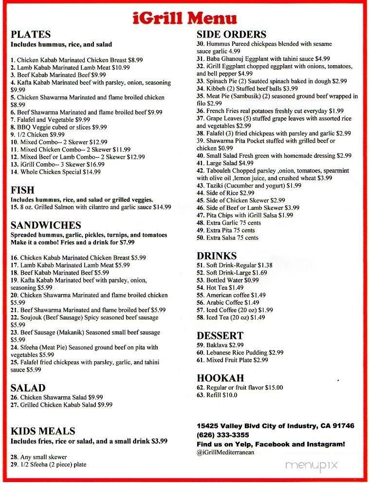 Igrill Mediterranean and Hookah Lounge - City of Industry, CA menu_pic