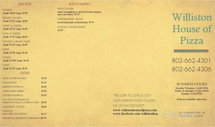 Williston House of Pizza - Williston, VT menu_pic