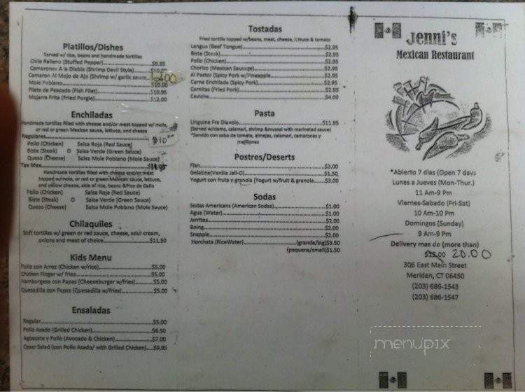 Jenni's Mexican Restaurant - Meriden, CT menu_pic