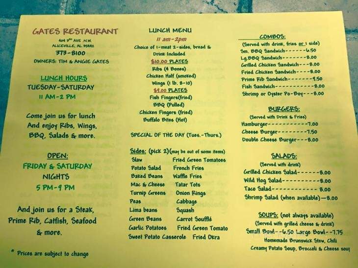 Gates Restaurant - Aliceville, AL menu_pic