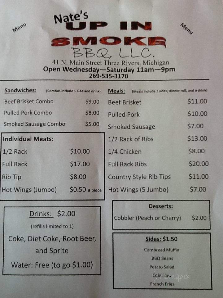 Nate's Up In Smoke BBQ - Three Rivers, MI menu_pic